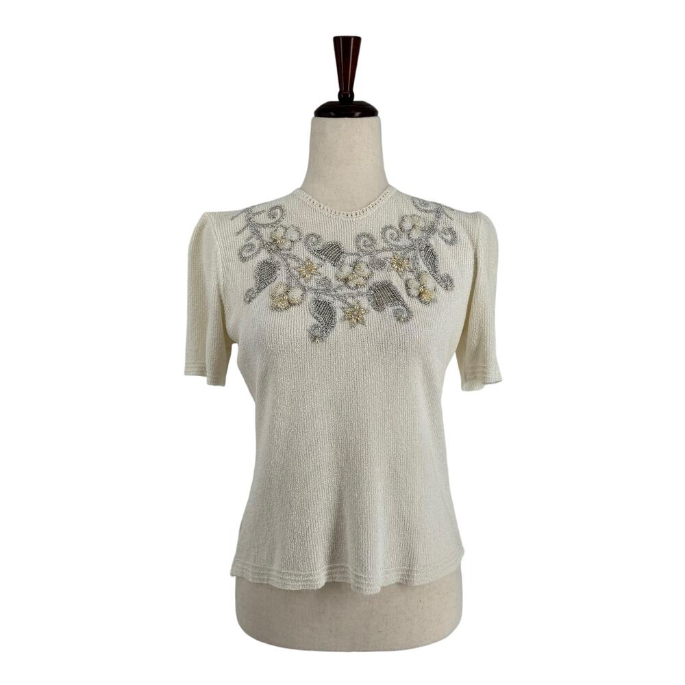 Vintage Tobi California Beaded Embroidered Knit Sweater S Top Short Sleeve Cream